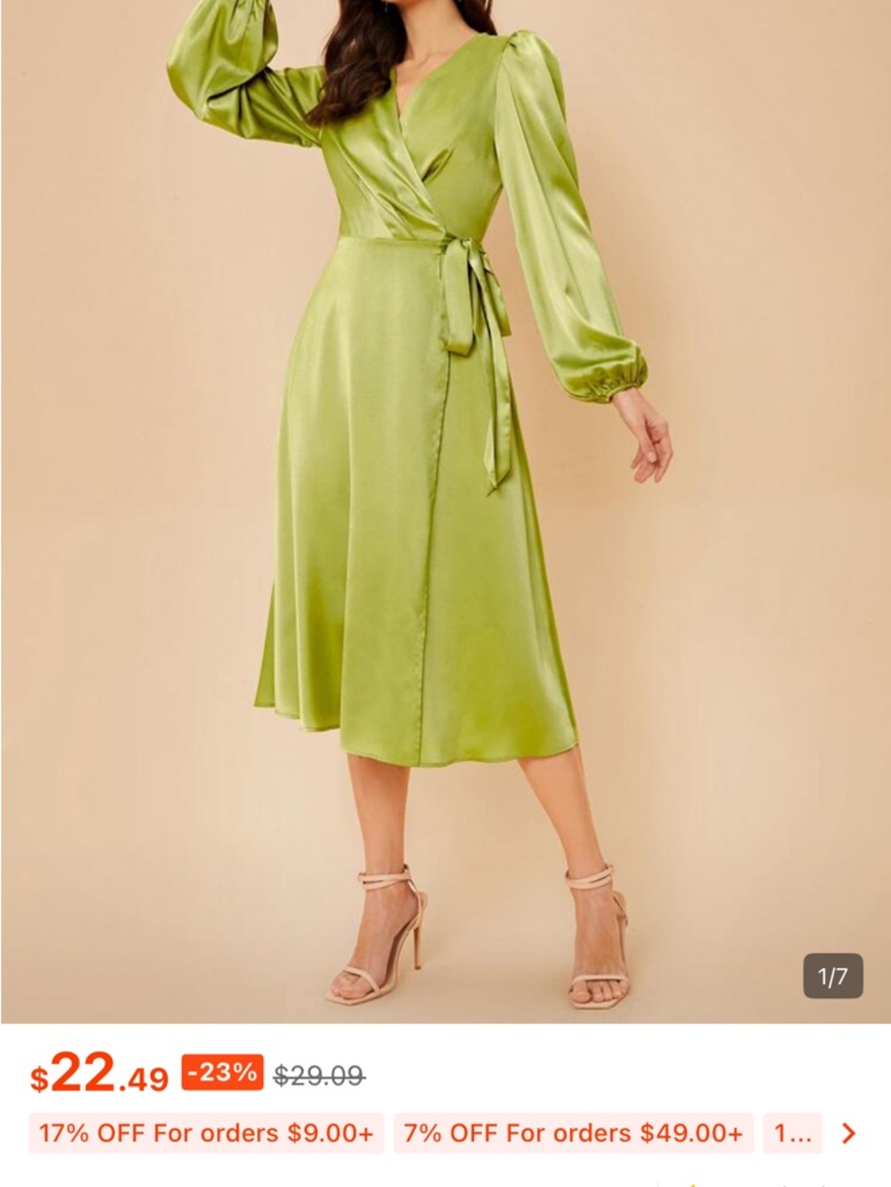 Wrap Satin Midi Dress in Lime Green